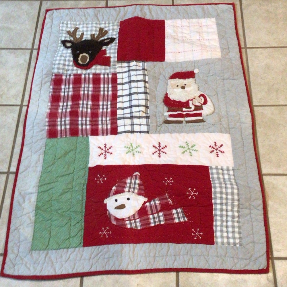 Pottery Barn Kids Holiday Quilt with Santa, Snowman, Reindeer - Red, Green, Gray